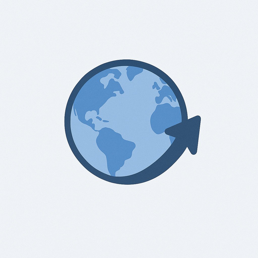 Blue globe with a curved export arrow symbolizing global trade coverage.