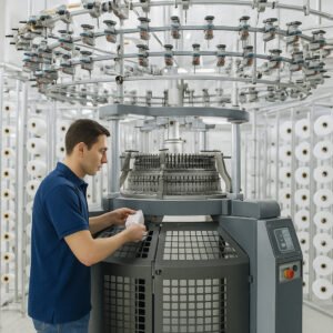 Worker operating a circular knitting machine in a textile factory at Zenith, showing in-house fabric production.